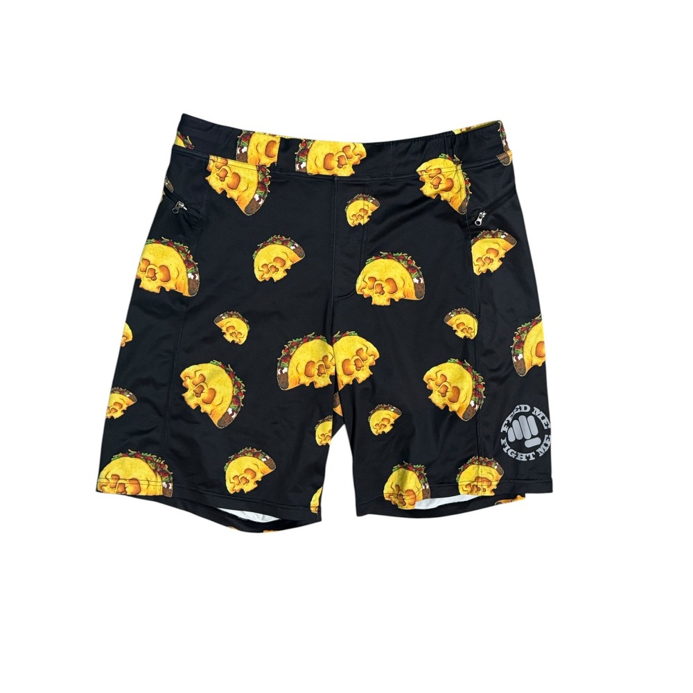 Feed Me Fight Me Mens XL Taco Skull Athletic Training Shorts Gym Workout black